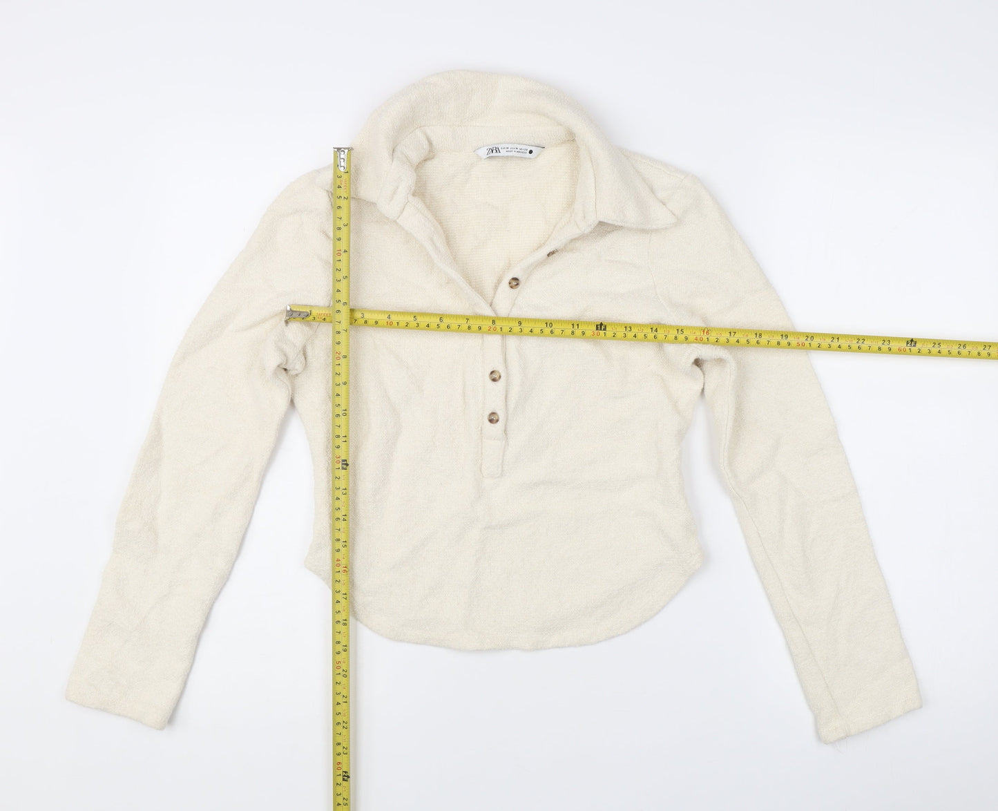 Zara Women Ivory Collared Henley Knit Jumper Size 12 Long Sleeve