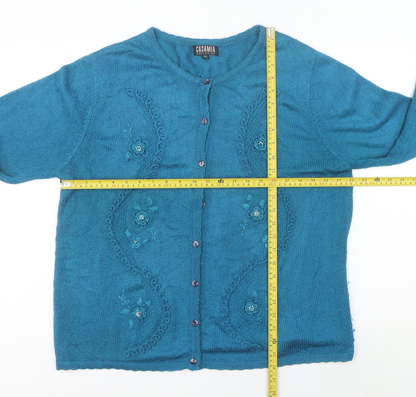 Casamia Women's Blue Floral Knit Long Sleeve Cardigan M