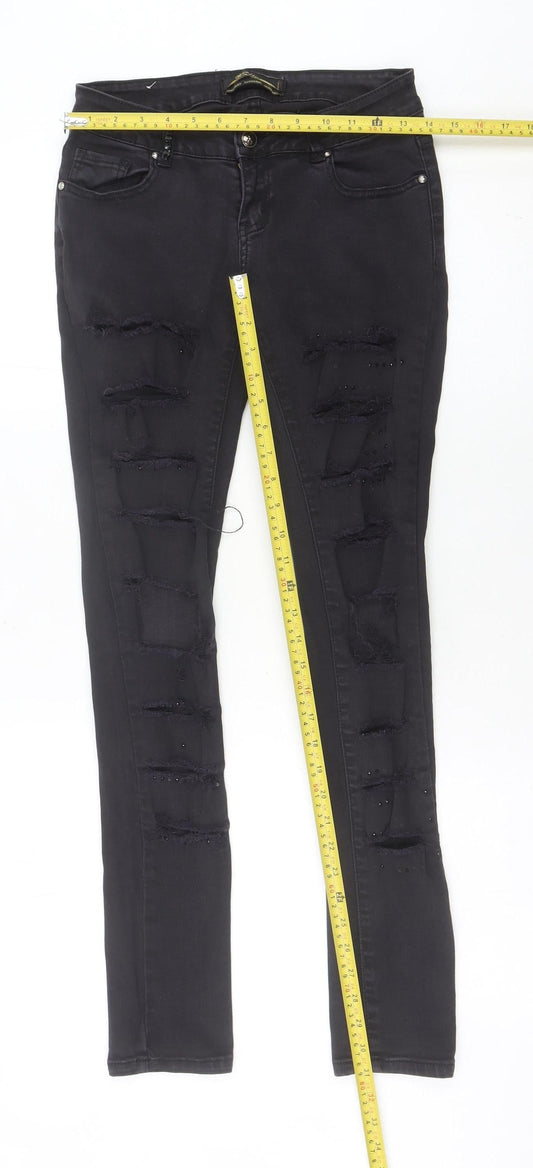 Realty Jeans Womens Black Skinny Distressed Rhinestone Slim Jeans M 28