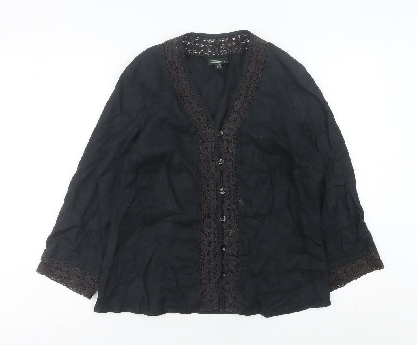Laura Ashley Women’s Black Linen Tunic Blouse UK 14 V-Neck Crochet Trim