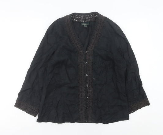 Laura Ashley Women’s Black Linen Tunic Blouse UK 14 V-Neck Crochet Trim