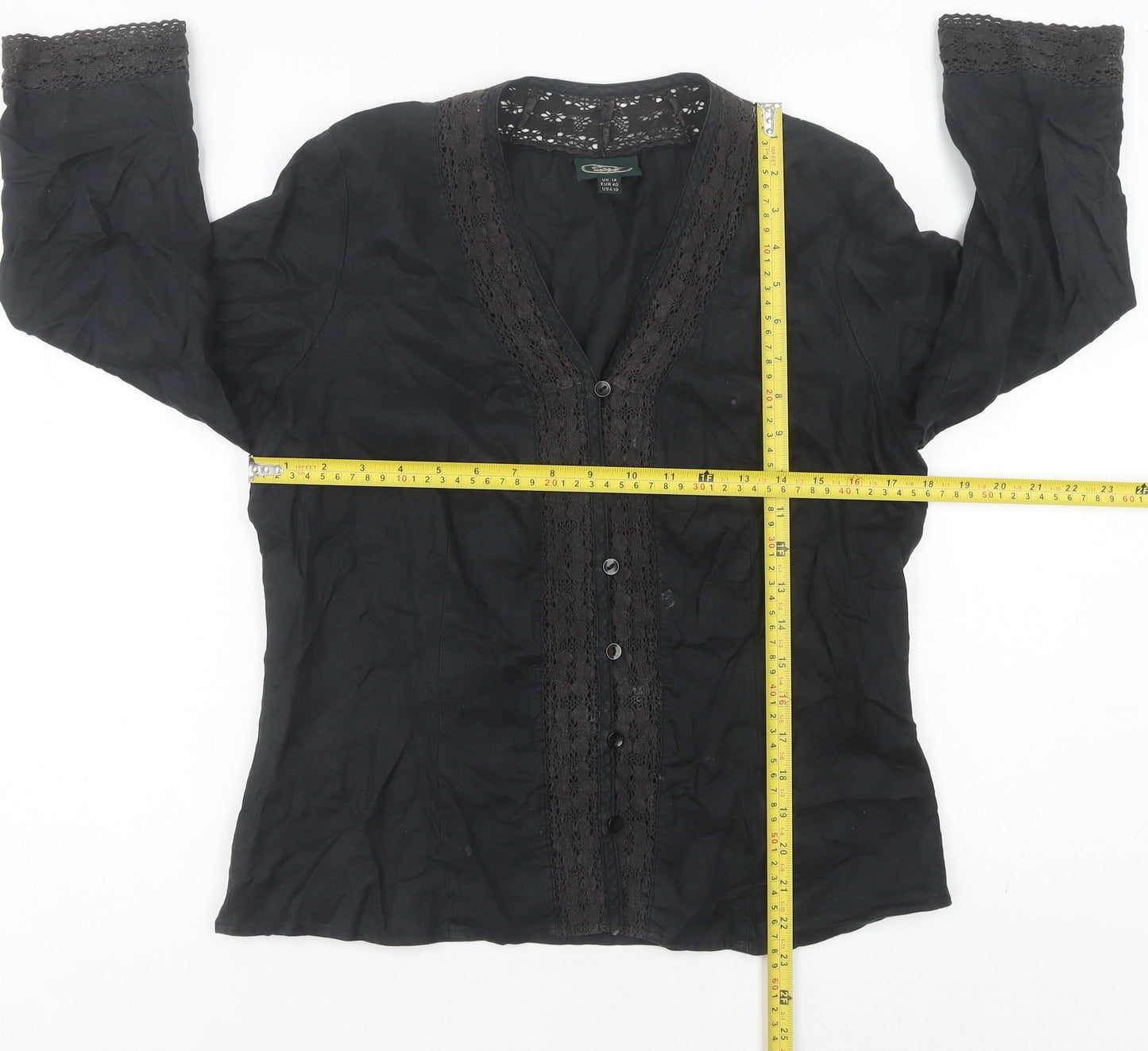Laura Ashley Women’s Black Linen Tunic Blouse UK 14 V-Neck Crochet Trim