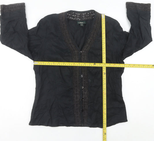 Laura Ashley Women’s Black Linen Tunic Blouse UK 14 V-Neck Crochet Trim
