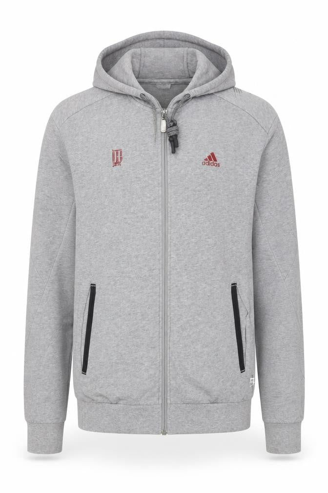 Front view of Adidas Men's Grey Full Zip Hoodie M Logo Sportswear