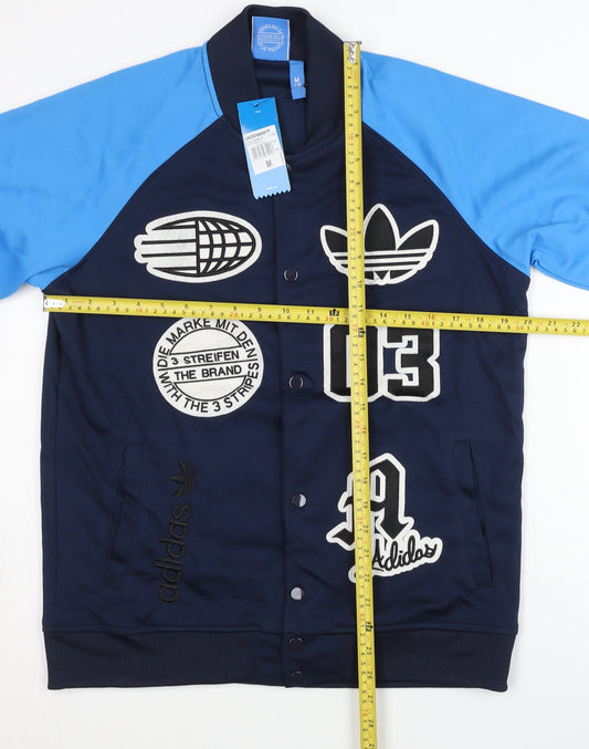 Adidas Men’s Blue Varsity Jacket M Regular Fit Snap Closure Cotton Blend