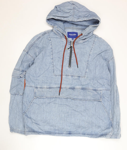 Jack & Jones Men’s Blue Denim Anorak Jacket XL Hooded 1/4 Zip Casual
