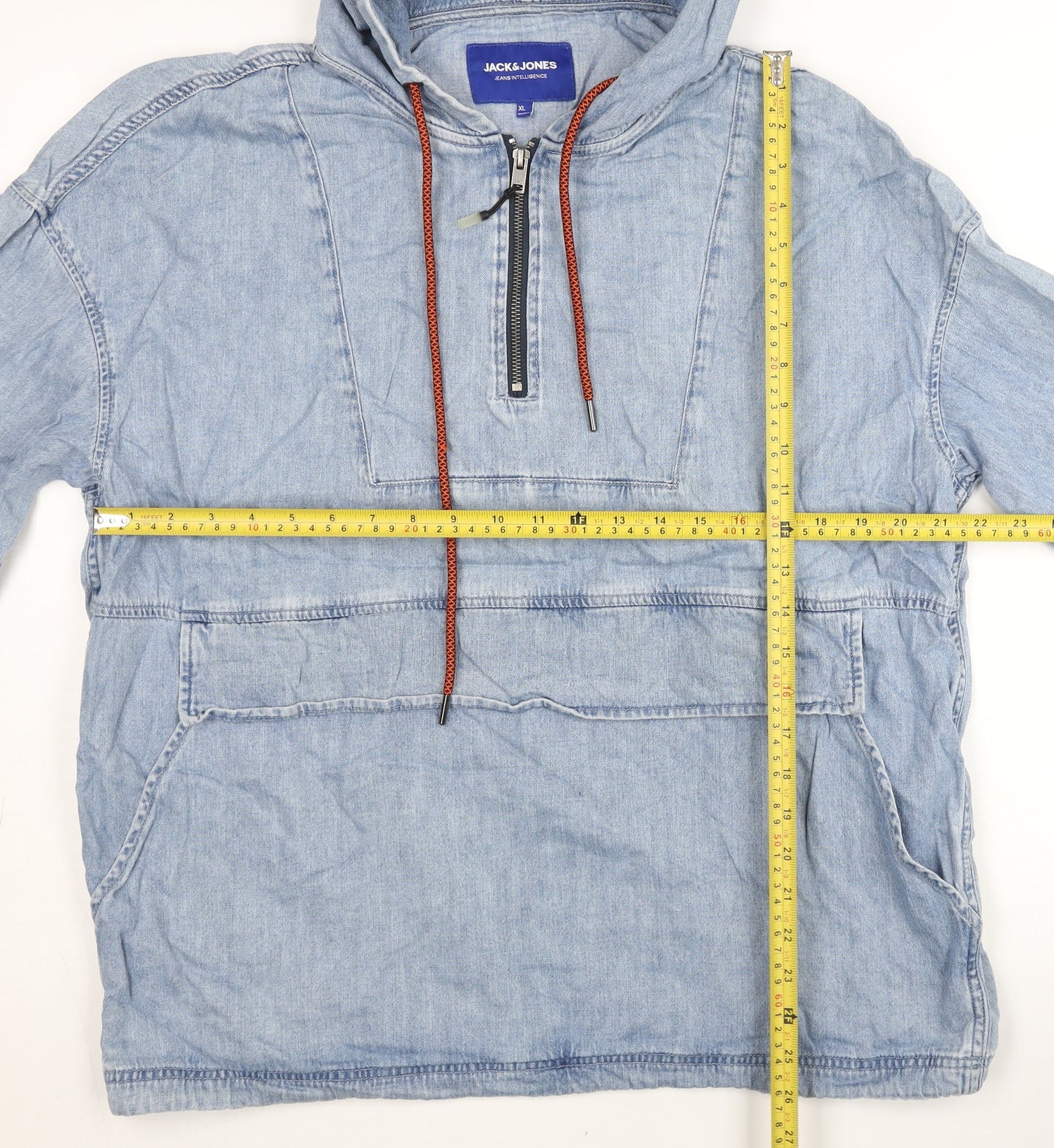 Jack & Jones Men’s Blue Denim Anorak Jacket XL Hooded 1/4 Zip Casual