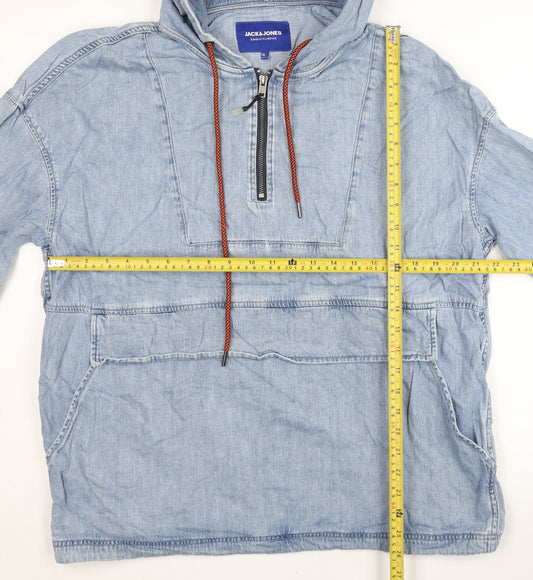 Jack & Jones Men’s Blue Denim Anorak Jacket XL Hooded 1/4 Zip Casual