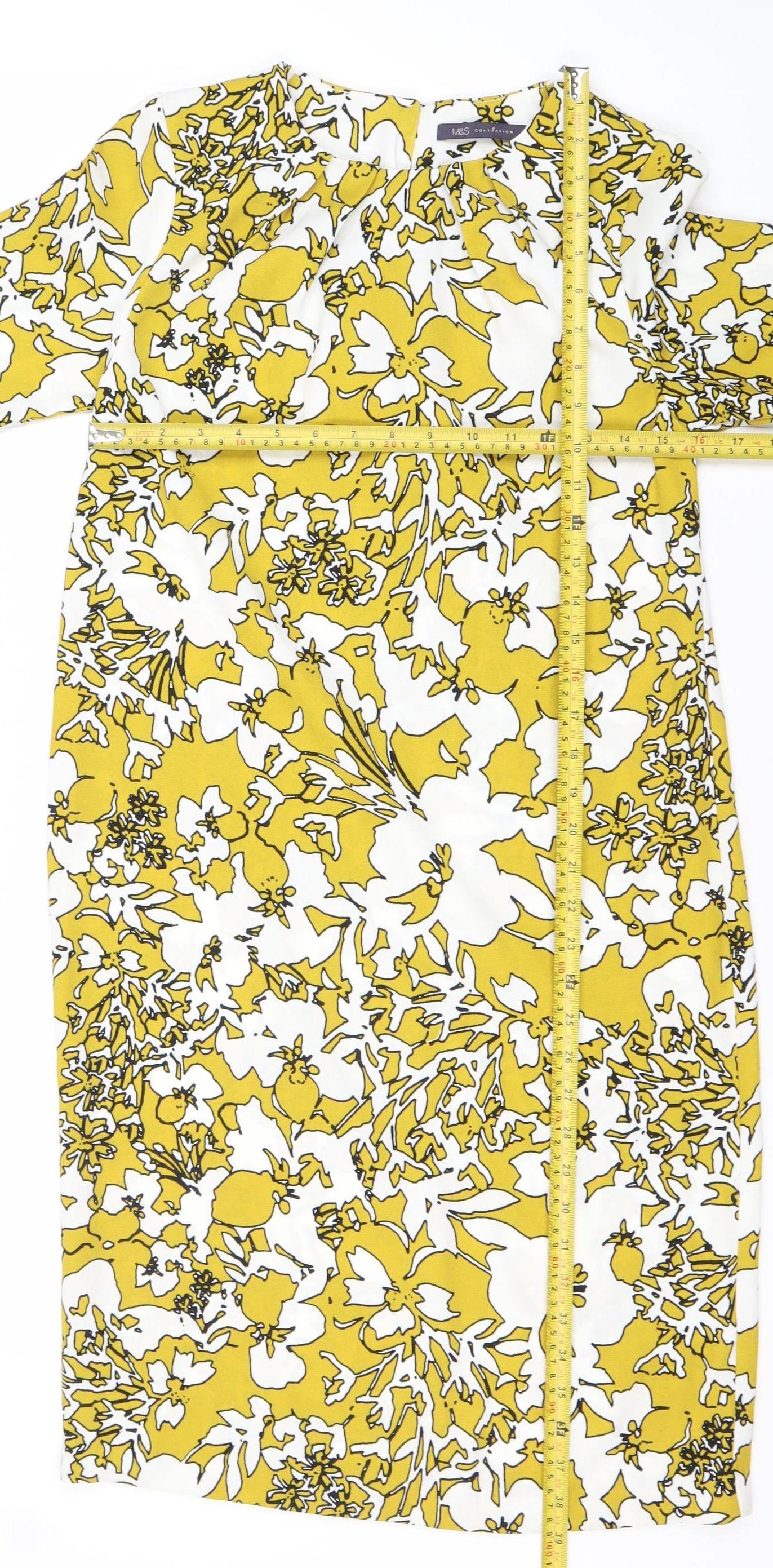Marks and Spencer Women’s Yellow Floral Sheath Dress UK 6 Knee Length