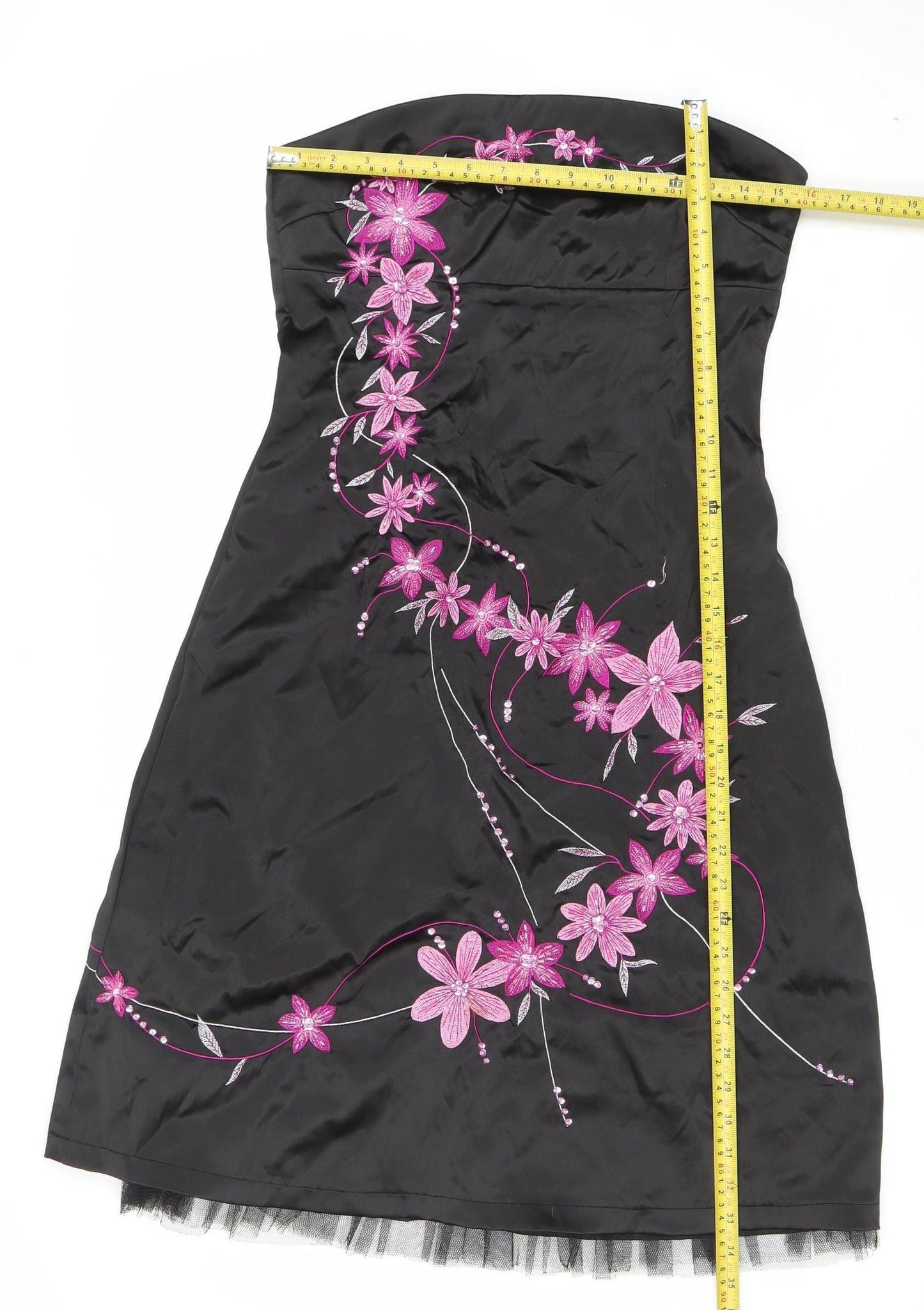 Jane Norman Women’s Black Floral Embroidered Strapless Dress Size 14