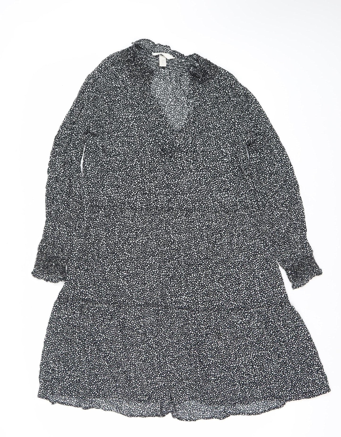 H&M Women Black Polka Dot XS Fit & Flare Long Sleeve Dress