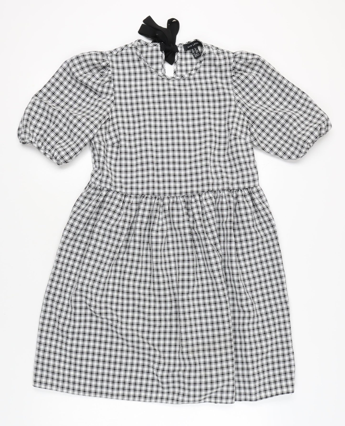 New Look Women's Black Check A-Line Puff Sleeve Dress Size 8