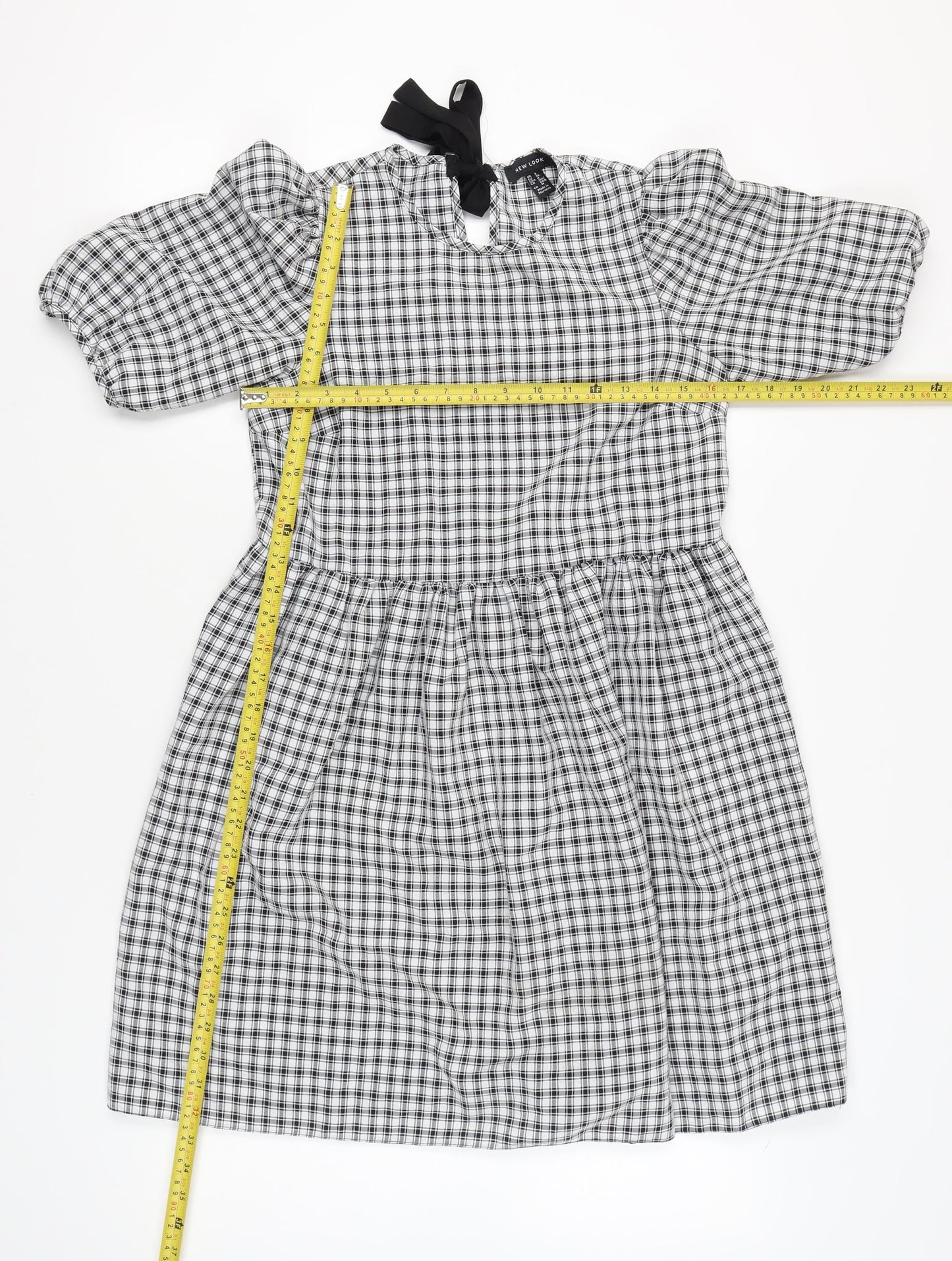 New Look Women's Black Check A-Line Puff Sleeve Dress Size 8