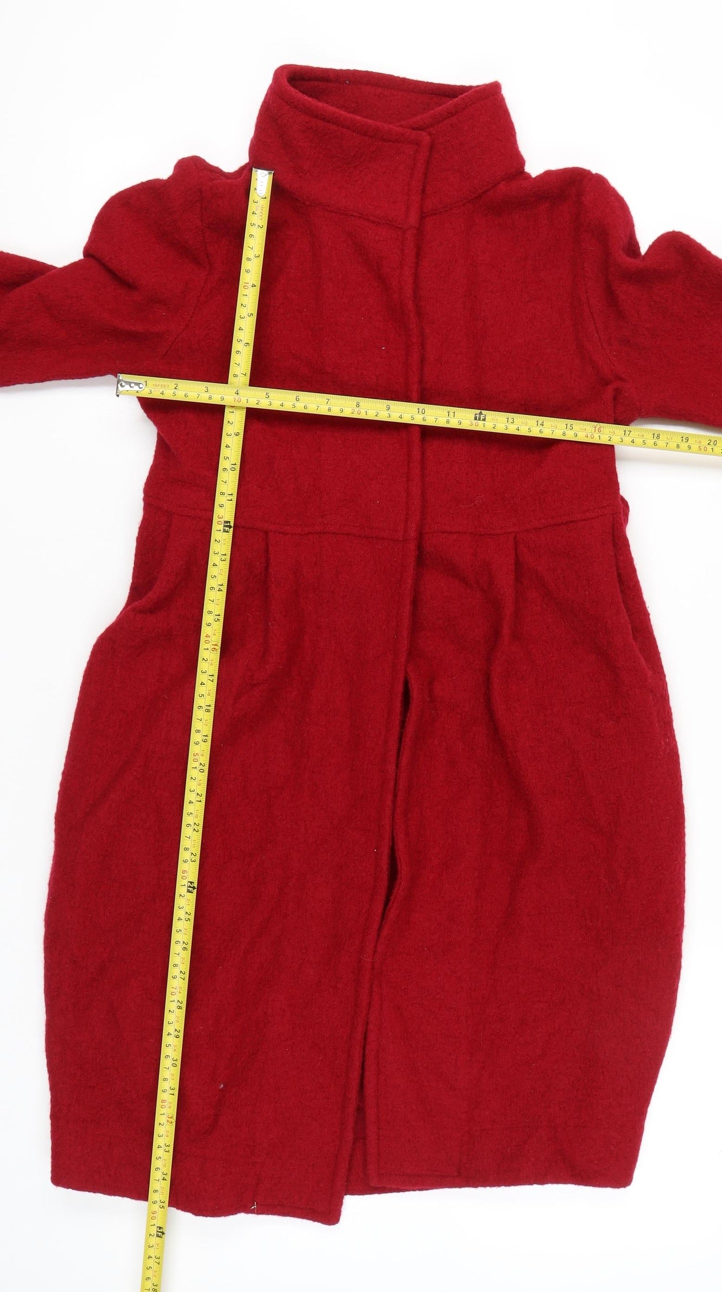 Zara Women Red Wool Mid-Length Belted Overcoat Size 12