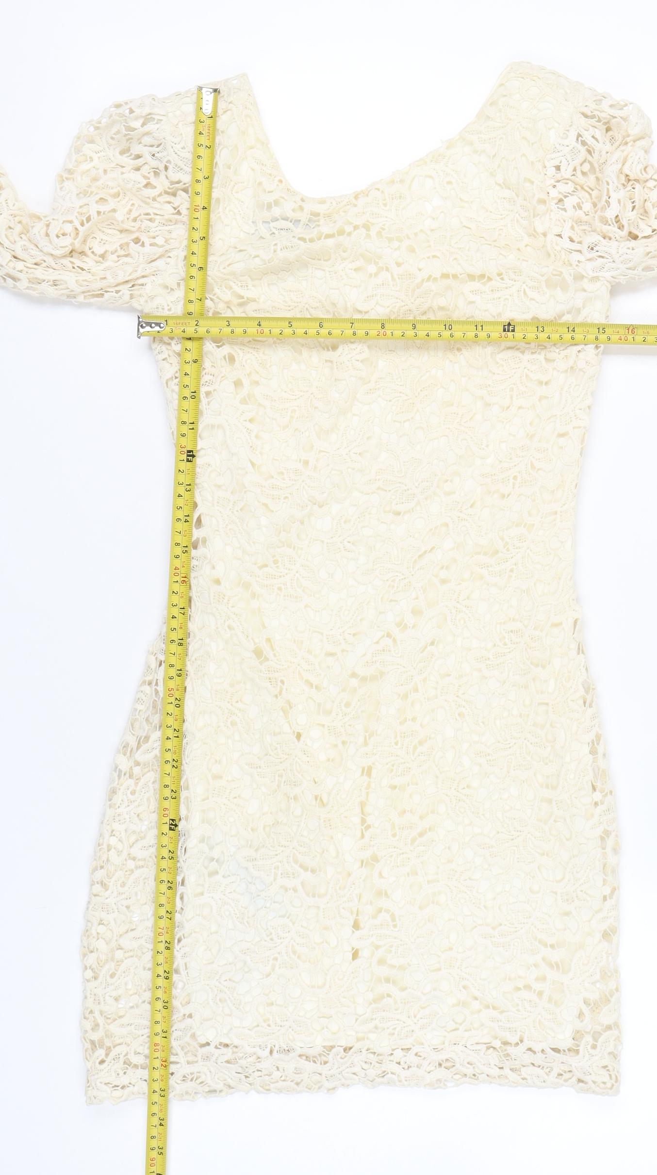 Mango Women’s Ivory Lace Bodycon Dress M Short 3/4 Sleeve Wedding Party