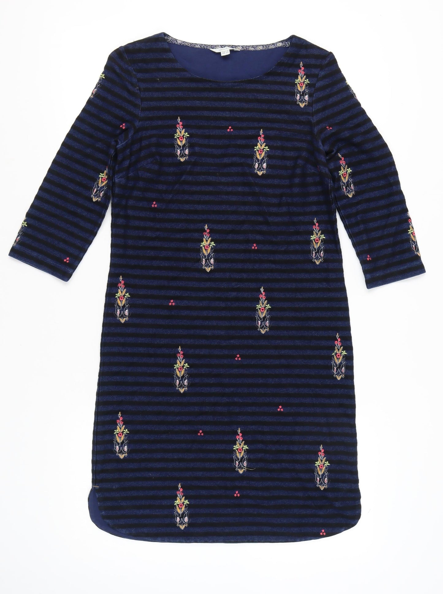 White Stuff Women's Blue Size 8 Shift Dress Striped Embroidered Velvet