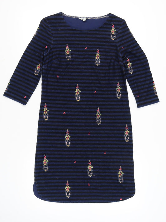 White Stuff Women's Blue Size 8 Shift Dress Striped Embroidered Velvet