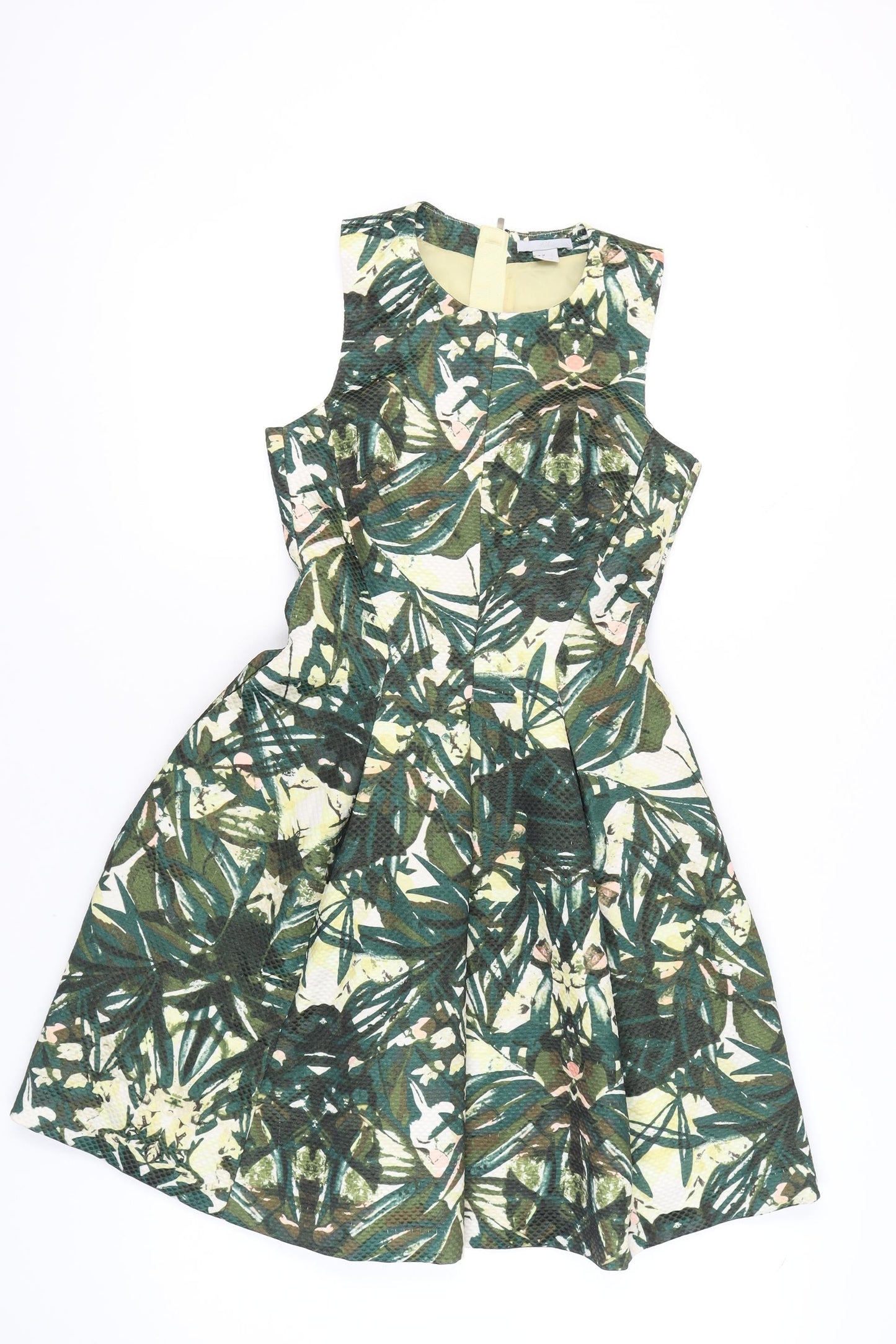 H&M Women’s Green Fit & Flare Tropical Floral Sleeveless Dress UK 6