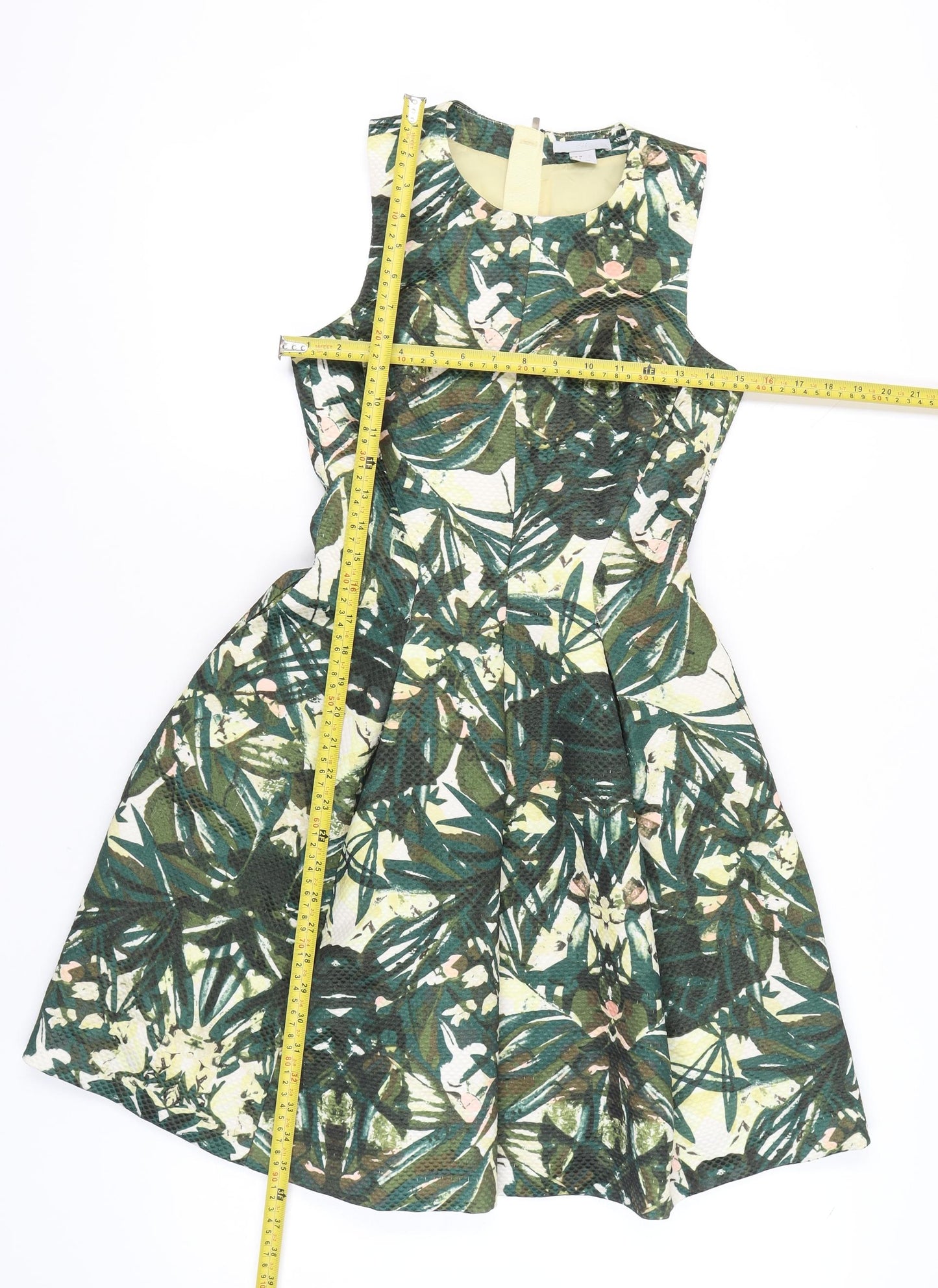 H&M Women’s Green Fit & Flare Tropical Floral Sleeveless Dress UK 6
