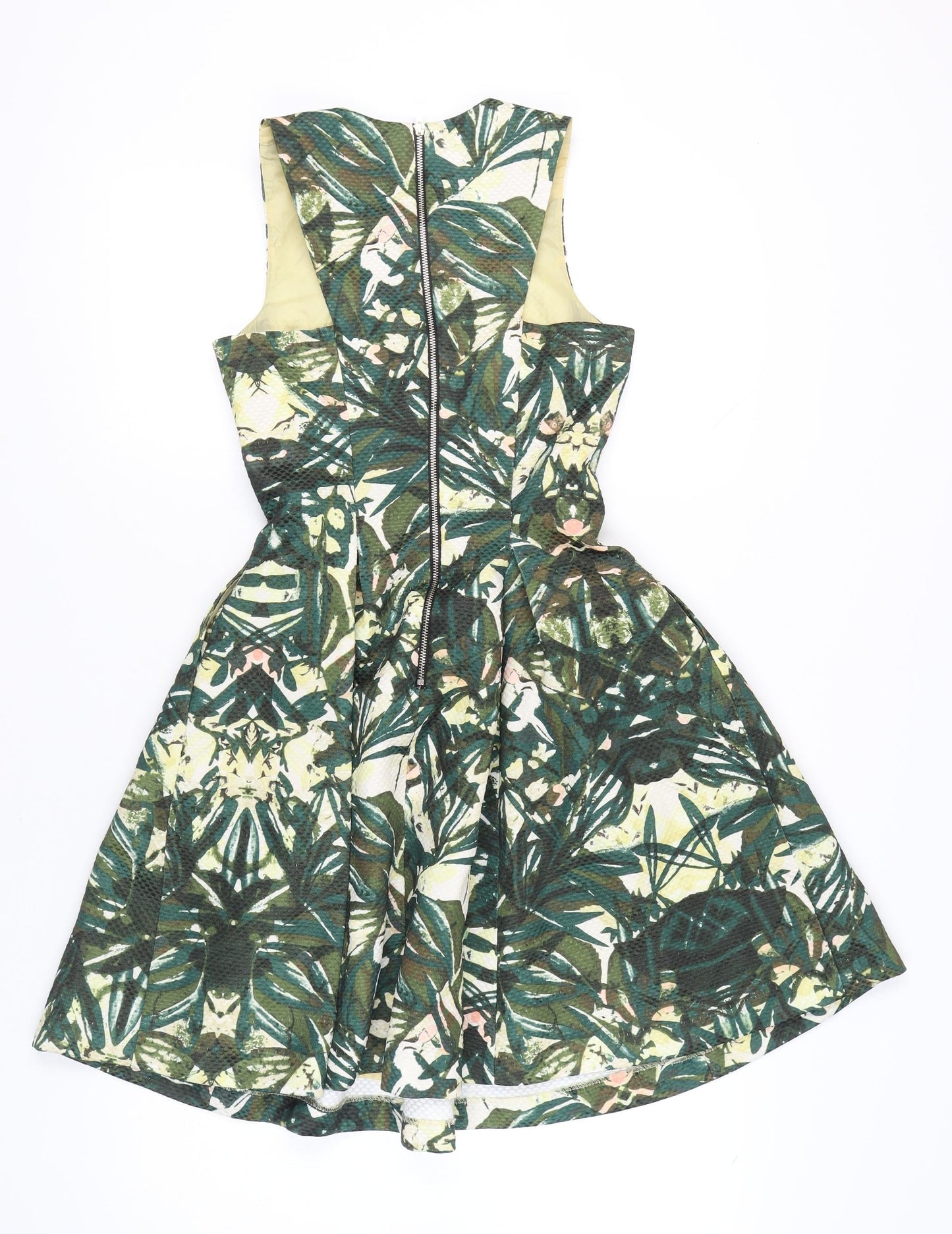 H&M Women’s Green Fit & Flare Tropical Floral Sleeveless Dress UK 6