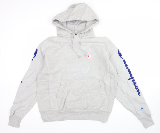 Champion Men's Grey Reverse Weave Pullover Hoodie Medium Logo Fleece