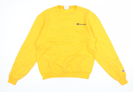Champion Men’s Yellow Pullover Sweatshirt S Crew Neck Fleece Logo