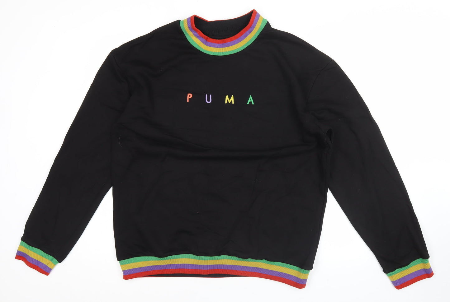 Puma Men's Black L Pullover Sweatshirt Rainbow Trim Embroidered Logo