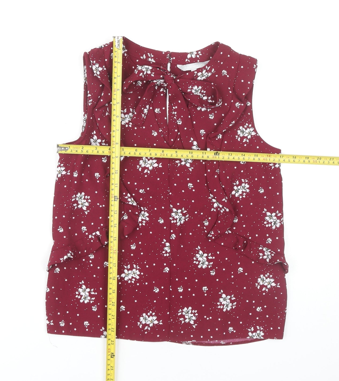Red Herring Women’s Red Floral Sleeveless Blouse Size 8 Ruffle Bow Workwear