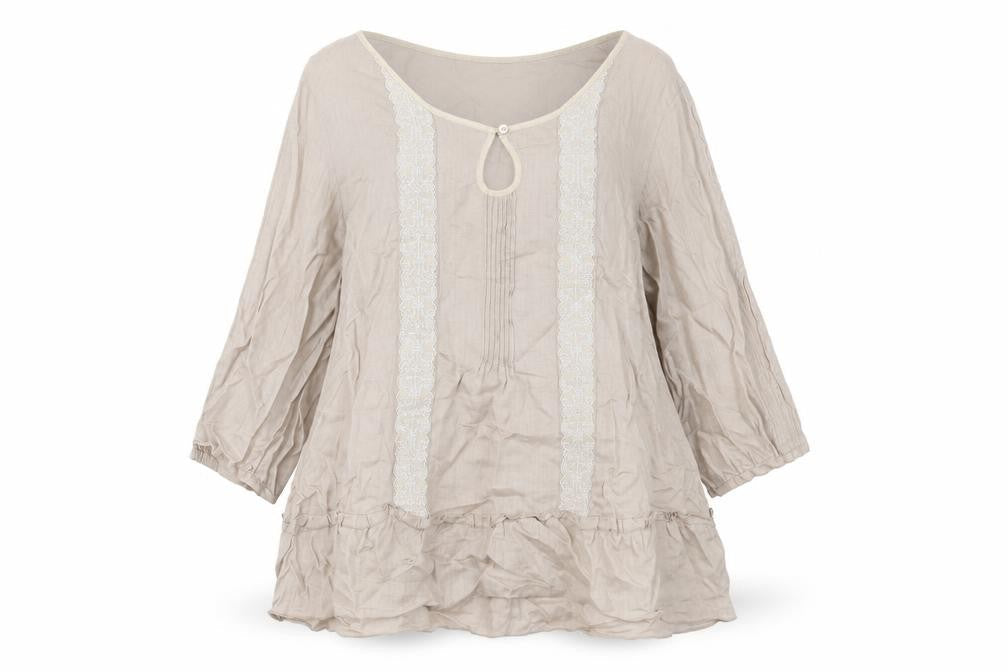 Wrap Women’s Beige Tunic Blouse UK 14 Ramie 3/4 Sleeve Embroidered