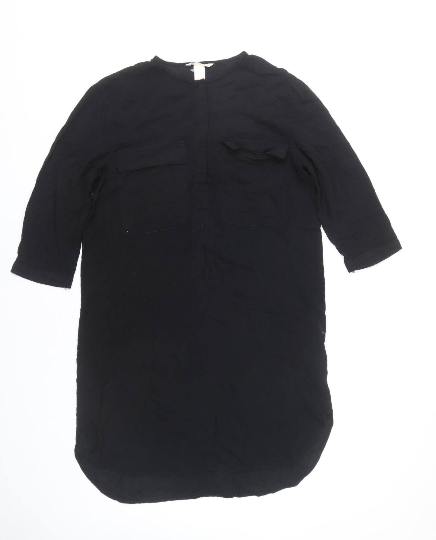 H&M Womens Black Knee Length Shirt Dress UK 8 Viscose 3/4 Sleeve