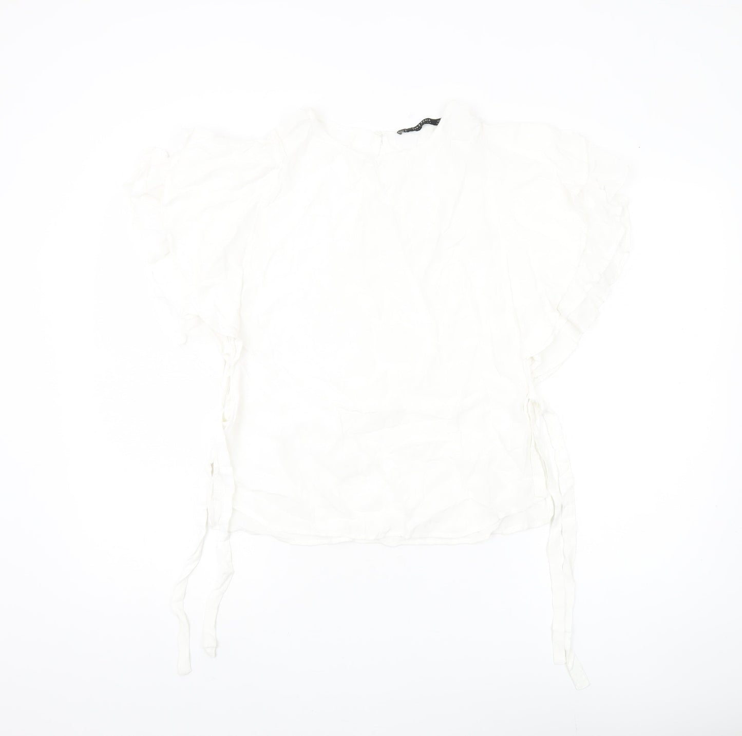 Zara Basic Women White Ruffle Flutter Sleeve Blouse M Spring Summer