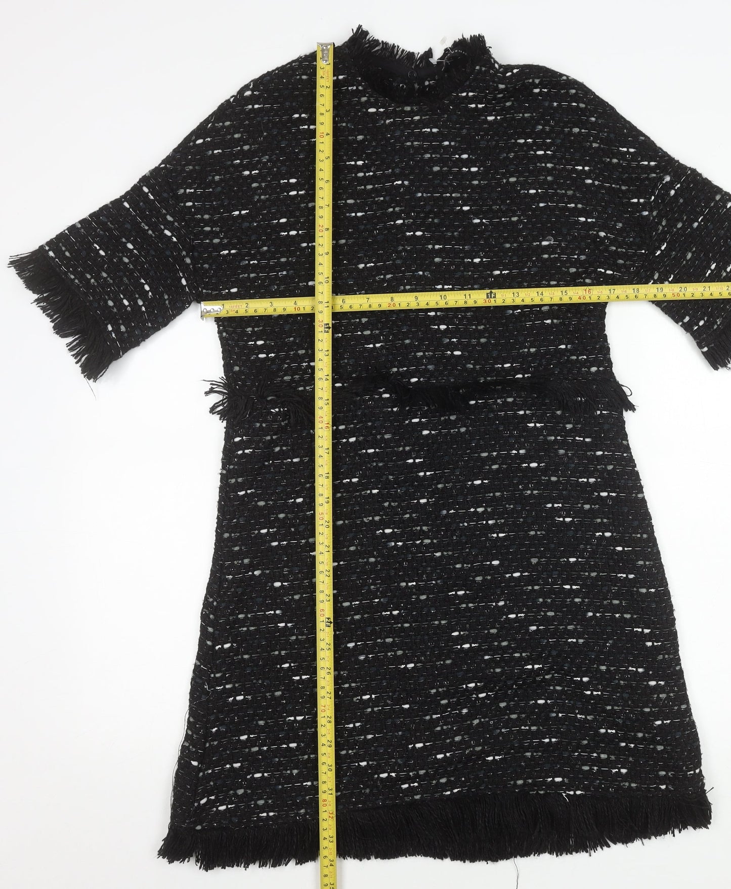 Zara Woman Black Tweed Shift Dress Women XS Fringe Knee Length