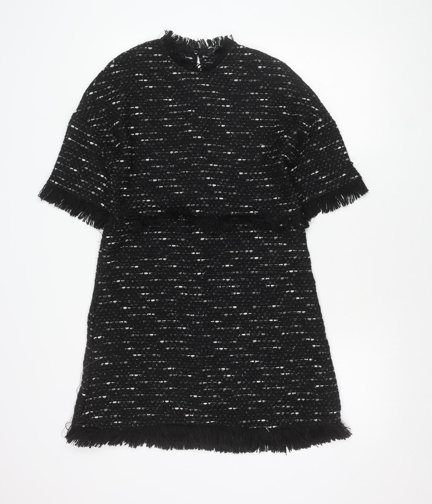 Zara Woman Black Tweed Shift Dress Women XS Fringe Knee Length