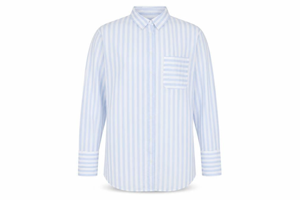 Marks and Spencer Unisex Adults Blue Striped Cotton Long Sleeve Shirt Size 16