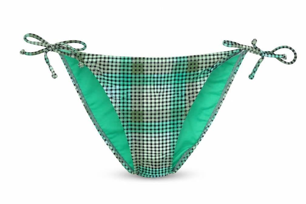 Front view of O'Neill Women Green Check Bikini Swim Bottom, size 12, Adjustable