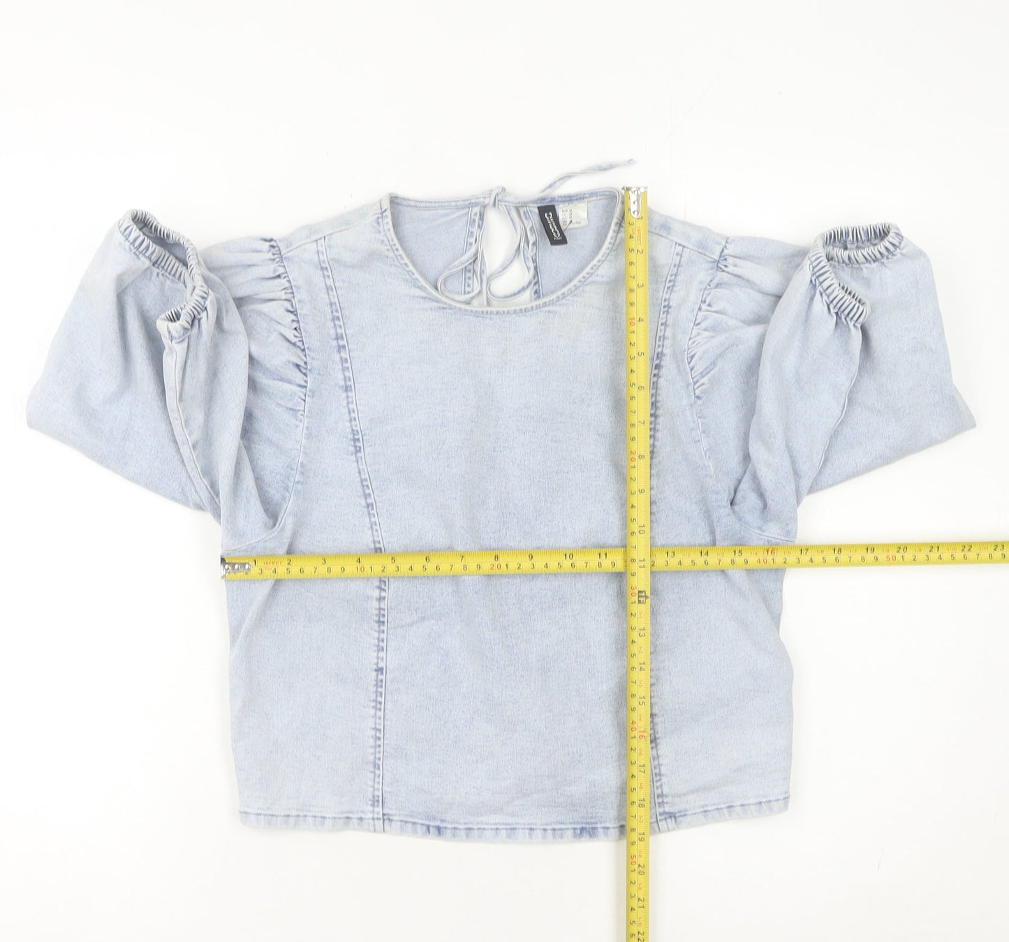 H&M Divided Womens Blue Denim Puff Sleeve Tie Back Blouse M