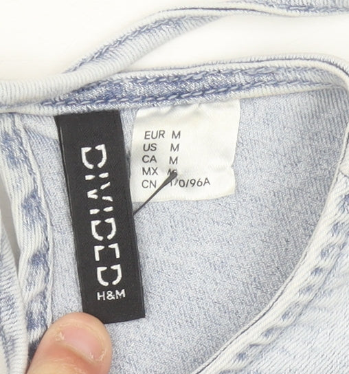 H&M Divided Womens Blue Denim Puff Sleeve Tie Back Blouse M