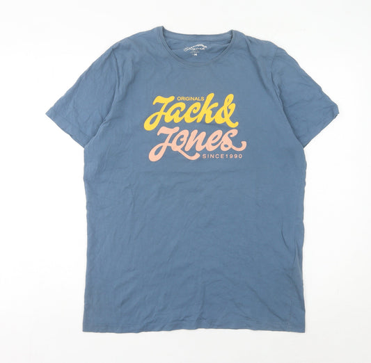 Jack & Jones Men's Blue Graphic Logo T-Shirt Size M Cotton Crew Neck