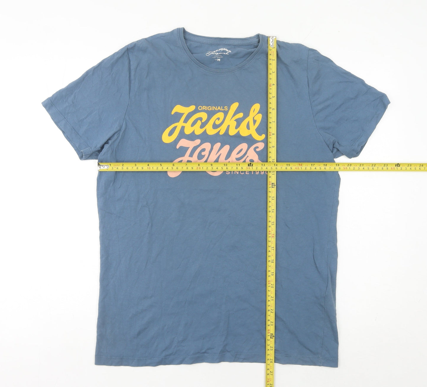 Jack & Jones Men's Blue Graphic Logo T-Shirt Size M Cotton Crew Neck