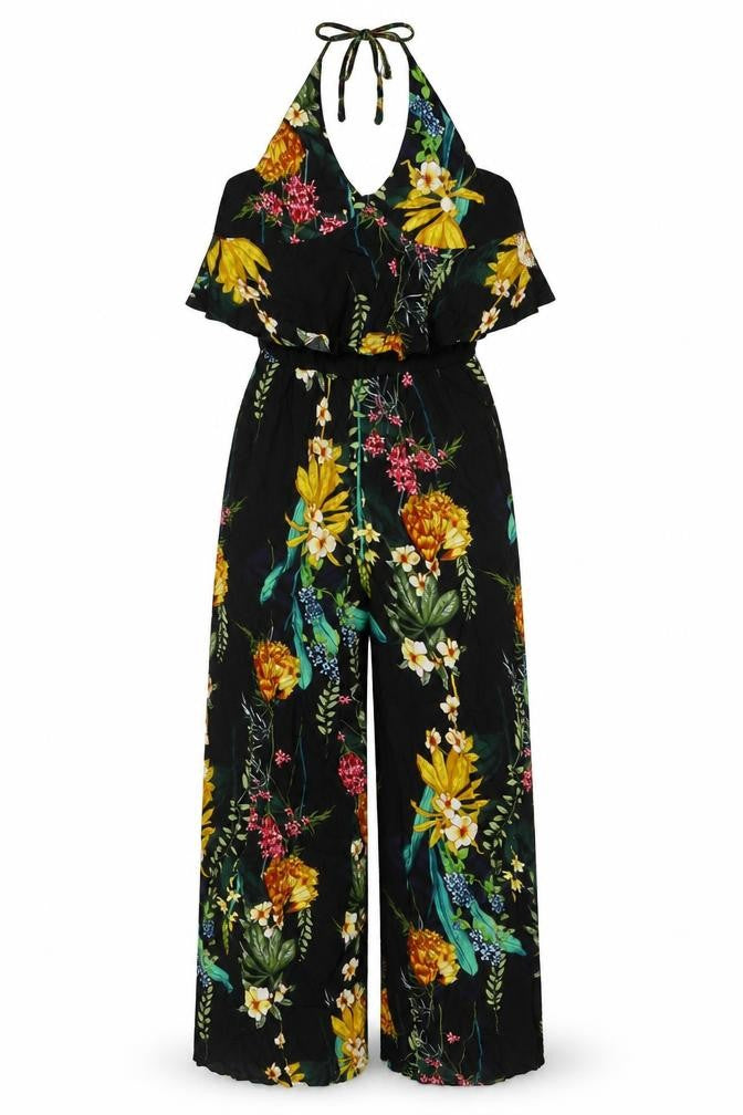 QED London Women’s Multicoloured Floral Halter Wide-Leg Jumpsuit S