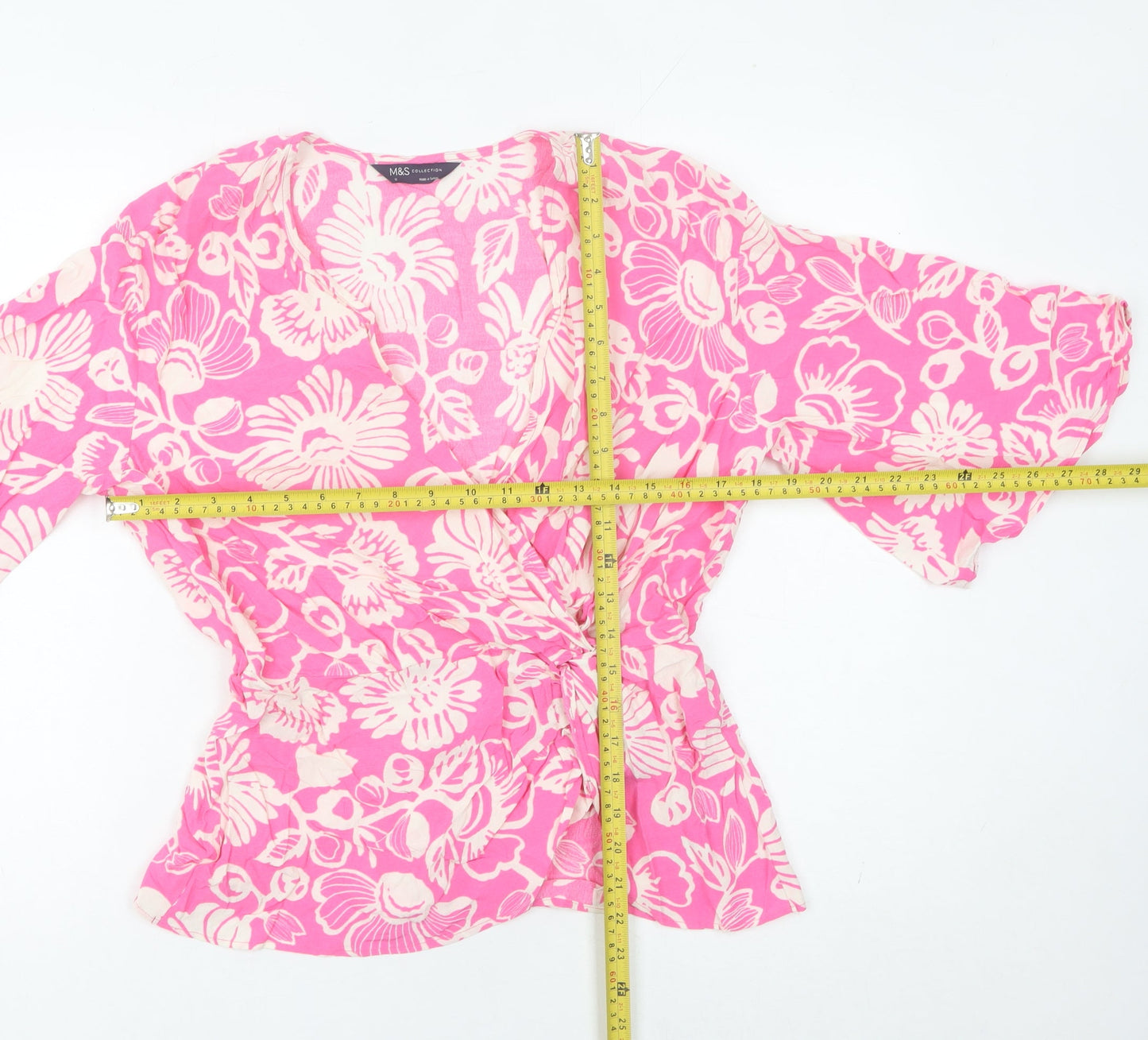 Marks and Spencer Women’s Pink Floral Wrap Blouse Size 10 V-Neck Kimono Sleeve