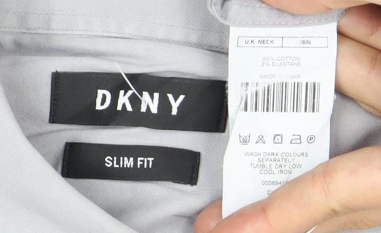 DKNY Men’s Grey Slim Fit Long Sleeve Formal Dress Shirt L 41cm