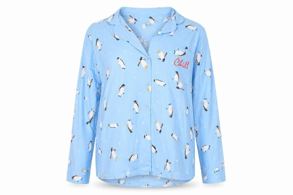 ASOS Women’s Blue Penguin Print Long Sleeve Collared Nightshirt UK 14