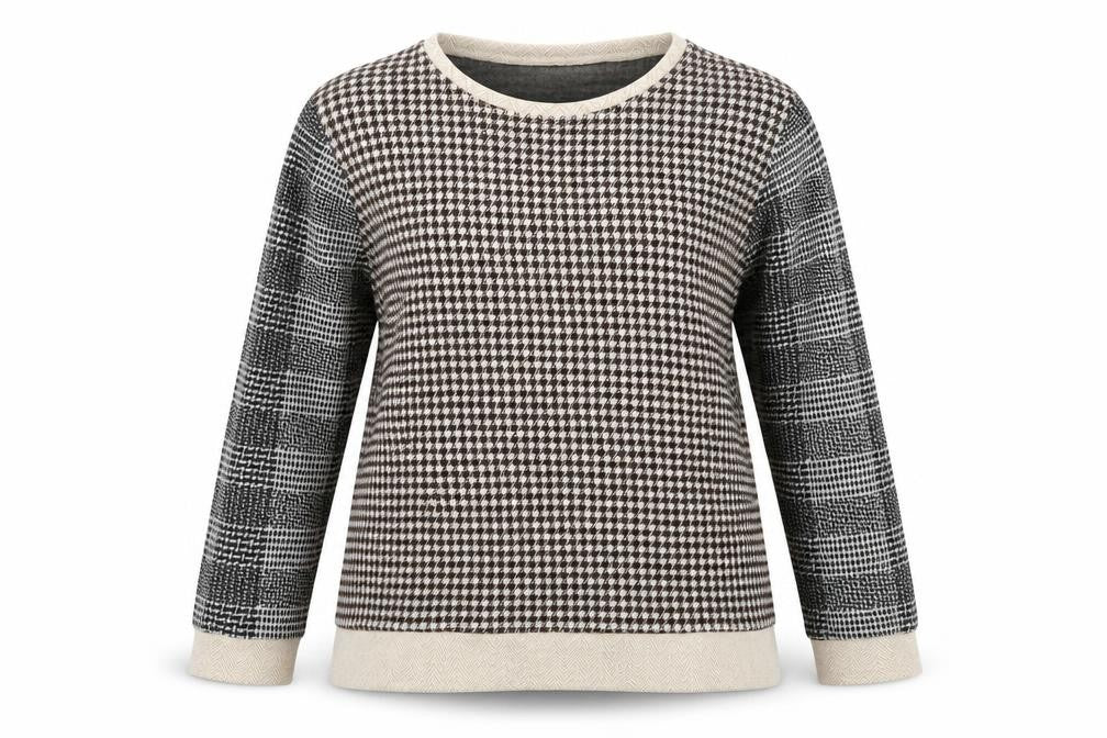 Lands' End Women's Brown Check Crew Neck XL Pullover Jumper Cotton Blend