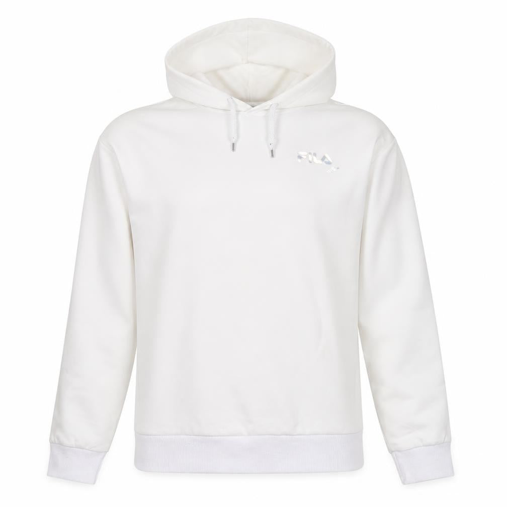 Front view of Fila Fusion Men's White Pullover Hoodie L Hooded Fleece Logo Detail