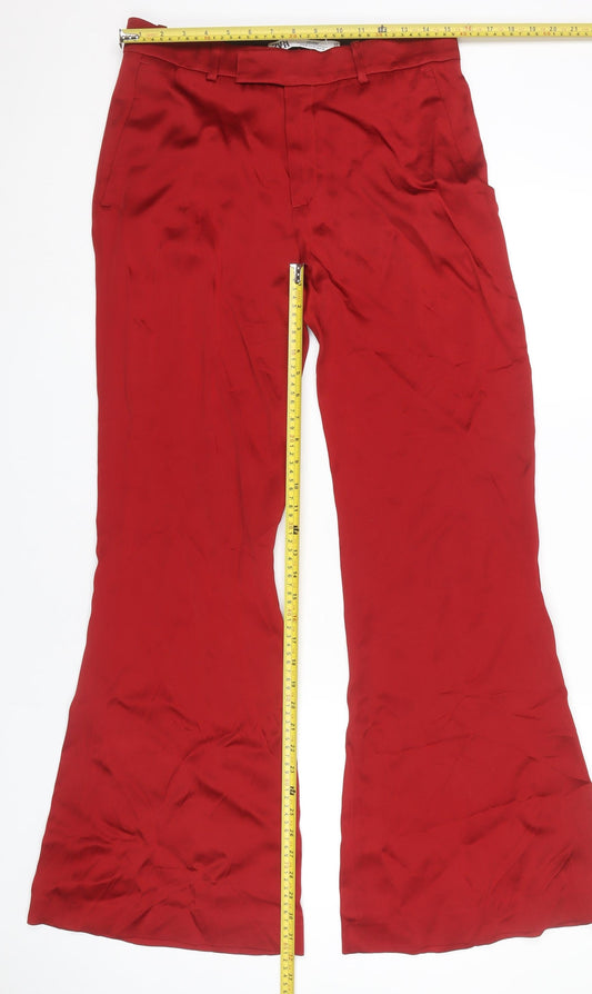Zara Women Red Flared Trousers Size 12 Acetate Viscose Formal