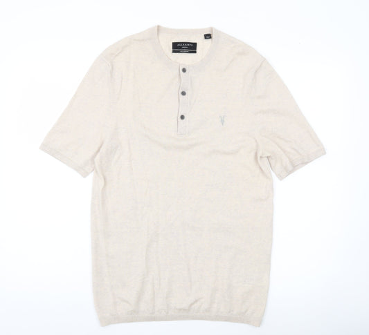 AllSaints Men’s Beige Wool Henley Jumper Medium Short Sleeve
