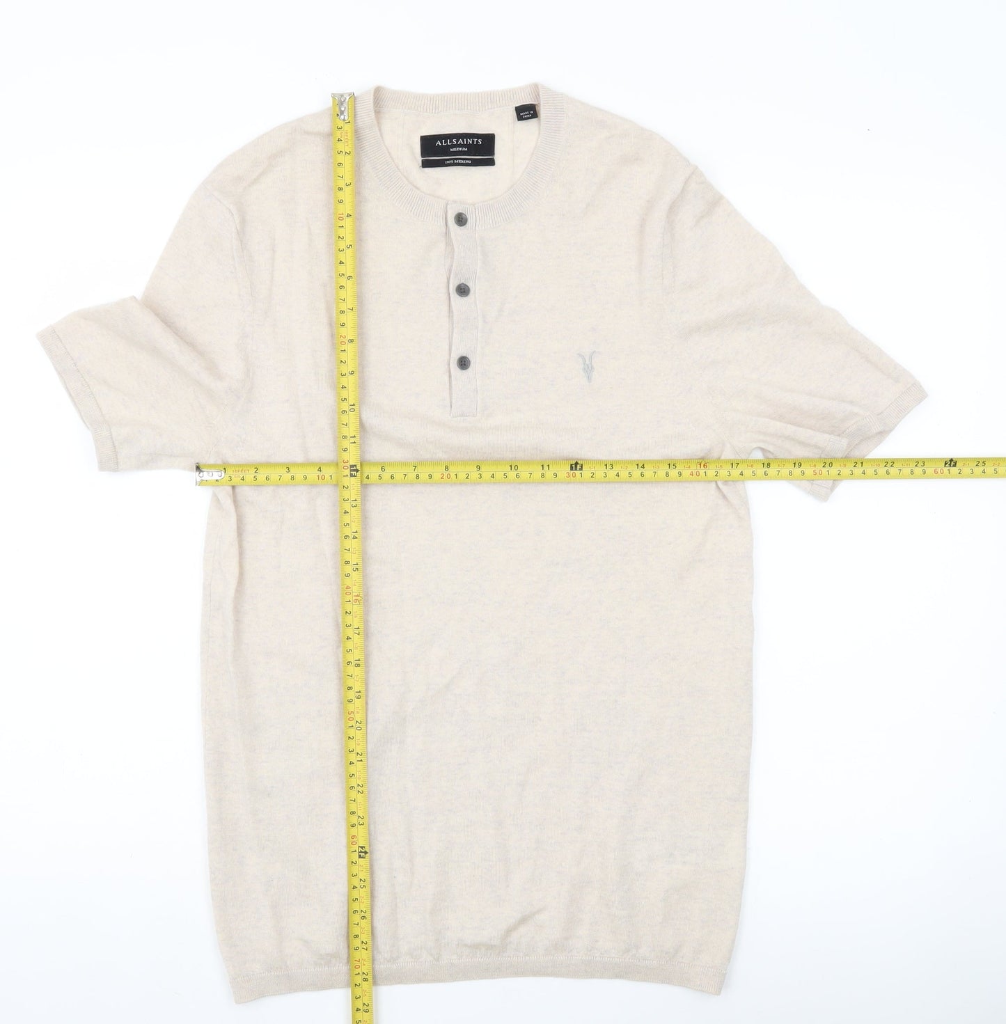 AllSaints Men’s Beige Wool Henley Jumper Medium Short Sleeve