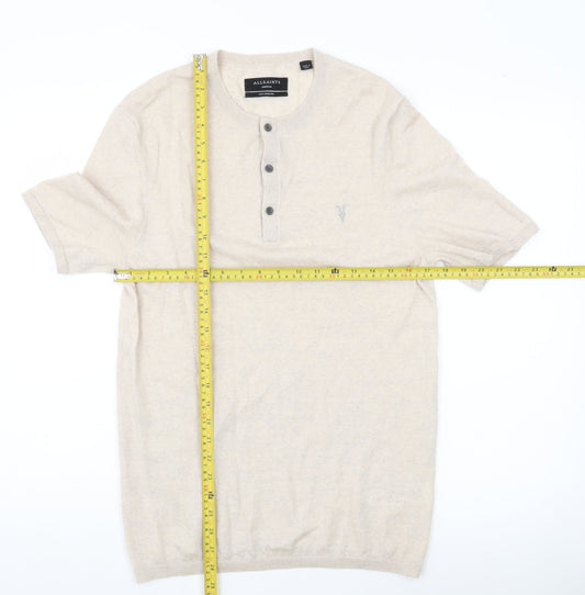 AllSaints Men’s Beige Wool Henley Jumper Medium Short Sleeve