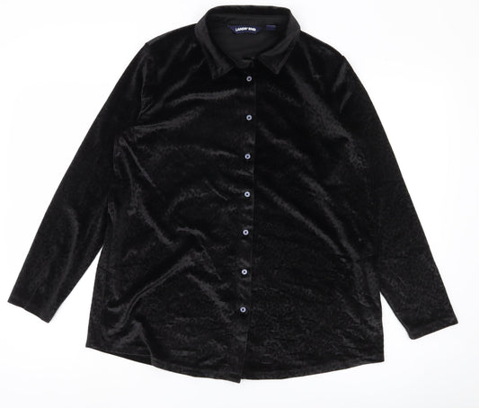 Lands' End Women Black Petite M Velvet Button-Up Shirt